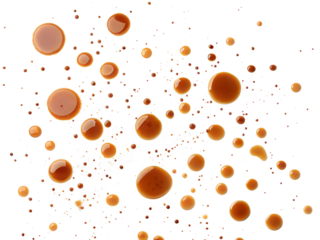 Scattered tea or coffee stains and droplets in various sizes, abstract pattern, isolated on white background