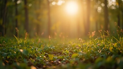 Obraz premium Golden Hour Meadow: Sunlight Through Trees
