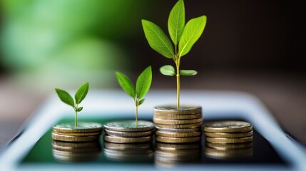 Growth of Financial Investment with Green Leaves and Coins