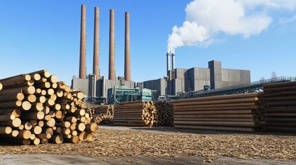 Industrial paper mill with towering chimneys and wood log stacks