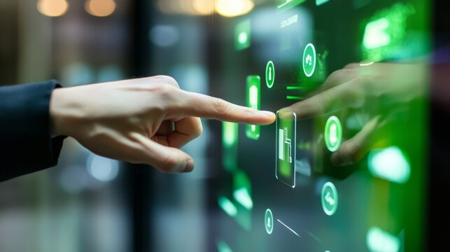 Close-up view of touchscreen management in a sustainable workspace.