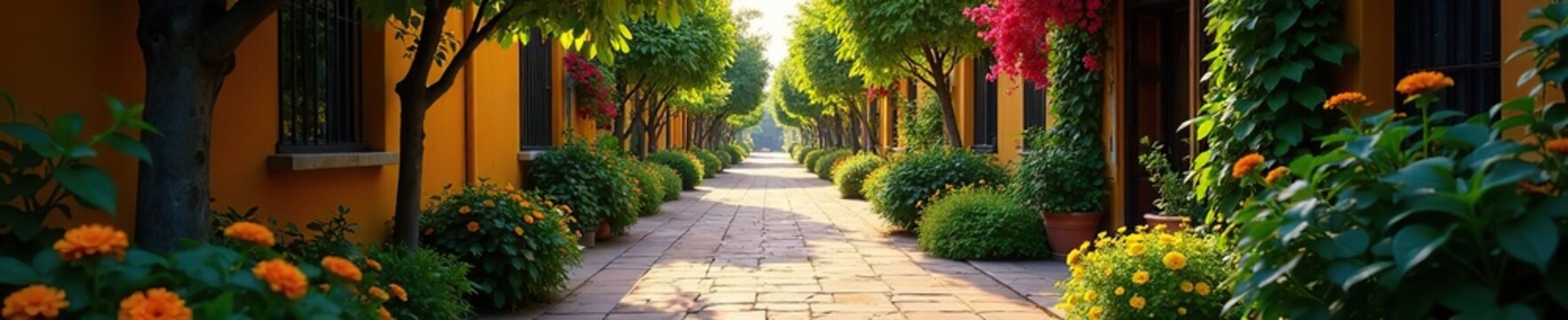 Calle empedrada con paseos y jardines en flor, arbolado, barrio