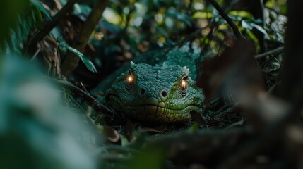 Fototapeta premium Close-up of a green frog camouflaged in dense foliage, with glowing eyes and natural habitat details
