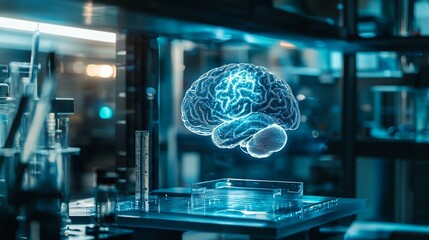 Holographic brain model in a modern science lab.