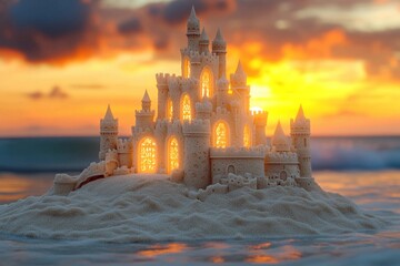 Sandcastle masterpiece glows at sunset on a beach with crashing waves