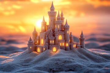 Sandcastle masterpiece glows at sunset on a beach with crashing waves