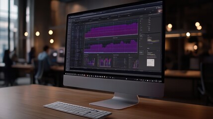 A sleek computer screen in a modern office shows vibrant data visualizations, reflecting an analytical workspace ambiance.