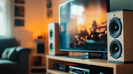 Home entertainment system with flat-screen TV and speakers in living room.