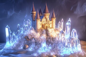Fototapeta premium Majestic castle surrounded by towering crystal formations on a misty mountaintop
