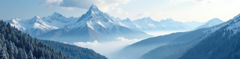 Carpathian mountain peaks shrouded in mist and covered with snow, evergreen, snow, mountains