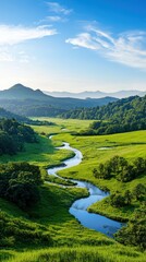 Fototapeta premium Ecological impact of pristine nature serene landscape morning light lush green valleys peaceful river scenic view