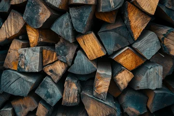 Selbstklebende Fototapeten Stacked firewood textures in warm lighting. AI image © Larysa