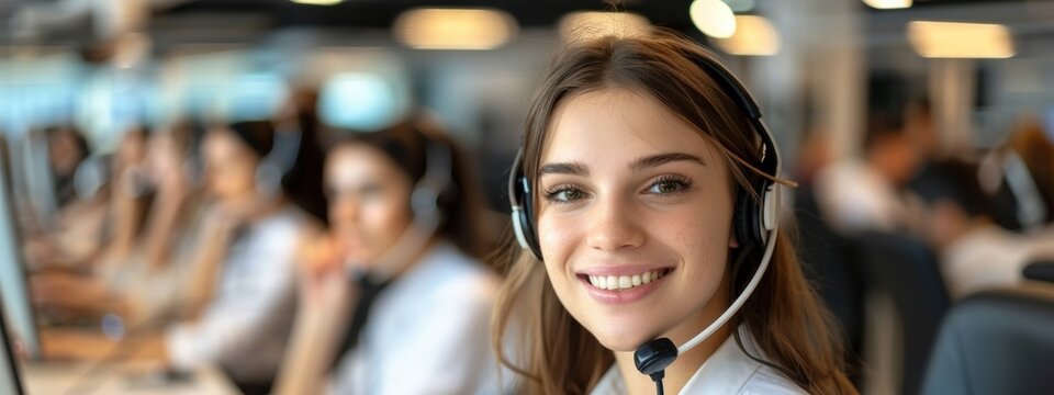 Woman wearing a headset is smiling at the camera