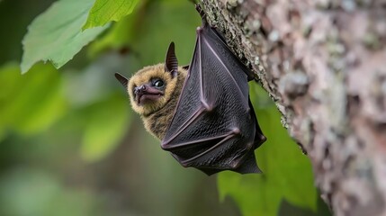 Obraz premium A close-up of a bat hanging upside down on a tree branch surrounded by vibrant green leaves