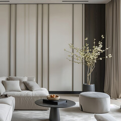 Aesthetic beautiful elegant minimalist modern interior design. Clear mock up empty wall for decoration in the apartment. Copy space in the room.