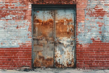 Naklejka premium Photo of Red brick wall with old rustic weathered door in european city. Background texture for backdrops or mapping