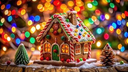 Obraz premium Festive Gingerbread House: Candy, Lights & Bokeh - Holiday Photography