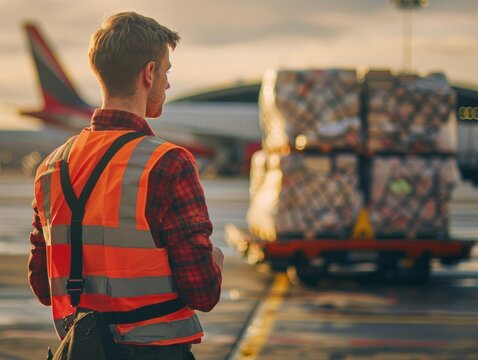 Man in an orange vest stands next to a large pile of boxes