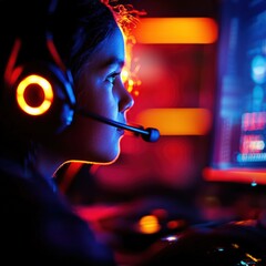 Fototapeta premium Young Girl Engaged in Interactive Gaming with Headset and Computer in Colorful Setting