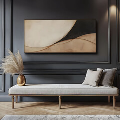 Aesthetic beautiful elegant minimalist modern interior design. Clear mock up empty wall for decoration in the apartment. Copy space in the room.