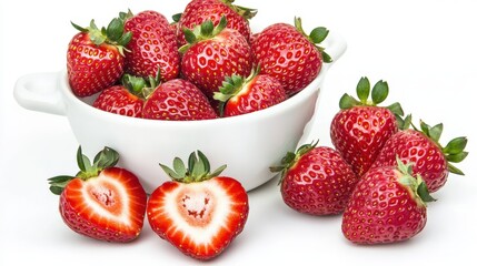 Freshly picked strawberries arranged in a white ceramic bowl with natural light