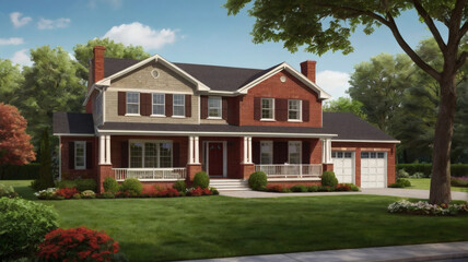 Modern Two-Story Brick House with White Trim, Porch, and Well-Maintained Front Yard