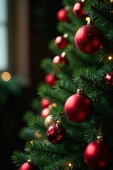 Christmas tree decorated with red balls and ribbons, red balls christmas tree dark green ribbons festive, holiday decoration, christmas tree