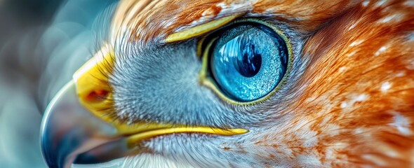 Close-up of a red-tailed hawk's face, a head shot captured through macro photography. The detailed feathers and beak are showcased against