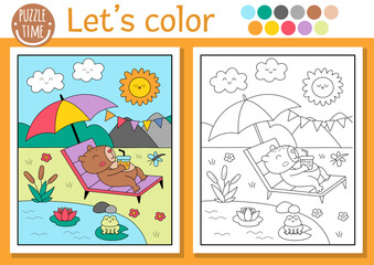 Capybara coloring page for children with cute scene, animal sunbathing under umbrella. Vector capibara outline illustration. Color book for kids with colored example. Drawing printable worksheet