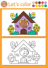 Capybara coloring page for children with cute animal in house with flowers. Vector capibara outline illustration. Color book for kids with colored example. Drawing skills printable worksheet