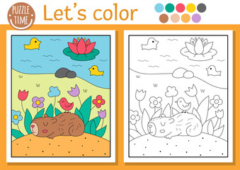 Fototapeta premium Capybara coloring page for children with cute scene, animal sleeping among flowers. Vector capibara outline illustration. Color book for kids with colored example. Drawing printable worksheet