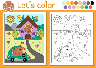 Naklejka premium Capybara coloring page for children with scene, animal driving a car to the house. Vector capibara outline illustration. Book for kid with colored example. Drawing printable worksheet