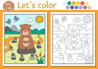 Capybara coloring page for children with scene, animal meditating in stone garden. Vector capibara outline illustration. Color book for kids with colored example. Drawing printable worksheet