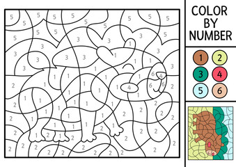 Vector capybara color by number activity with animal on natural background. Nature landscape scene. Black and white counting game. Coloring page for kids with cute capybara