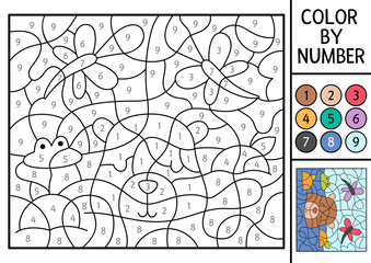 Vector capybara color by number activity with animal swimming in water with frog, tangerines. Nature landscape scene. Black and white counting game. Coloring page for kids with cute capybara