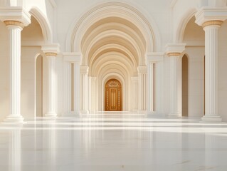 Fototapeta premium Ornate arched hallway with elegant golden lighting creating a luxurious and classical architectural interior filled with historical grandeur and symmetry