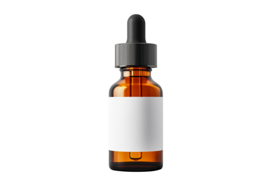 Amber skincare cosmetic dropper bottle mockup template with white empty blank label design close up detail isolated on transparent PNG background.