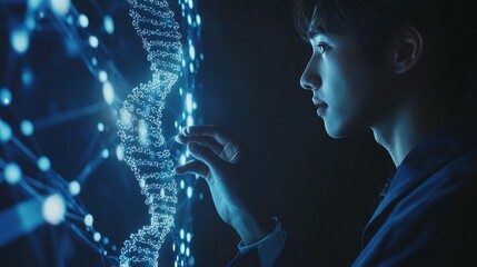 Man interacts with a digital DNA strand, exploring genetic code and scientific data visualization.