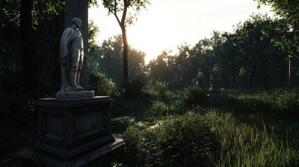 Serene park at sunset featuring statues amidst lush greenery and soft sunlight filtering through trees