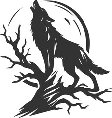 A wolf howling while standing on a twisted, dead tree branch animal vector silhouette