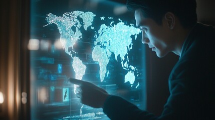 Man interacts with a holographic world map projected on a screen, analyzing data points.