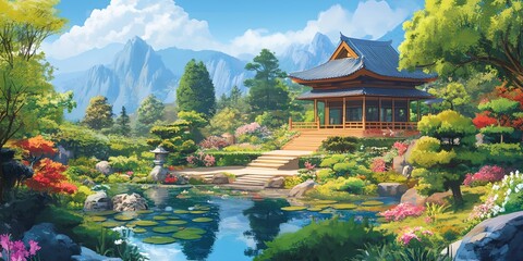 Serene Japanese garden with a pond and a small house.
