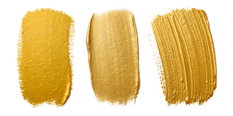 Three Different Brush Strokes of Gold Paint on White Background for Art, PNG Transparent