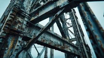 Rusty bridge structure detail, urban decay, foggy sky, industrial background, architectural design