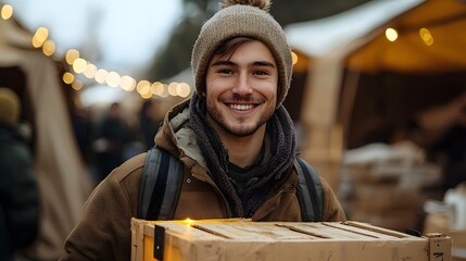 Optimistic Volunteer Carrying Glowing Supplies at Relief Camp with Compassionate Smile
