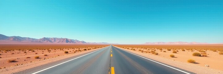Fototapeta premium Deserted highway stretches under endless blue sky, open road, barren land, desert