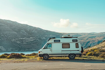 Obraz premium Holiday trip on large family motorhome for holiday in beautiful natural nature, abstract vivid composition consists of fictional unreal fantastic vision on background