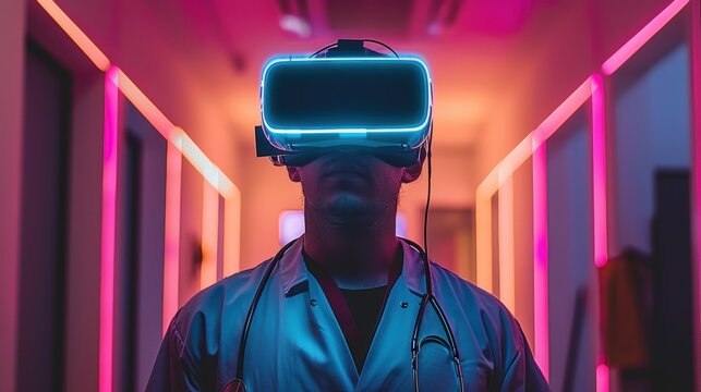 Man wearing a white lab coat stands in a brightly lit room with a virtual real