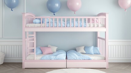 Baby bunk bed system for twins pastel pink and blue theme on room ballon background