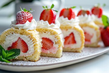 Strawberry cream cake roll on wooden board. AI image
